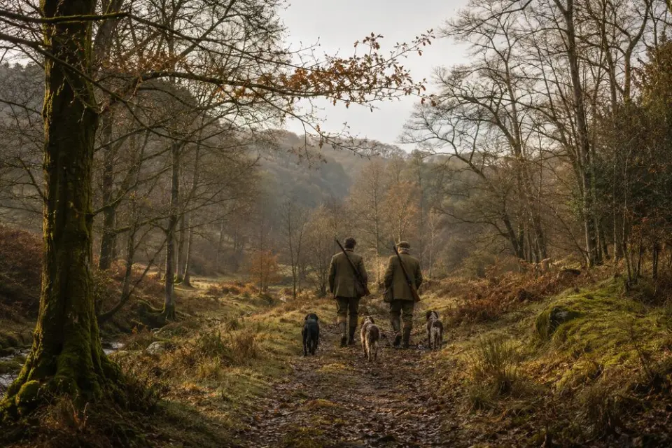 Shop online with McCloys Hunters walking through woodland with dogs at McCloys